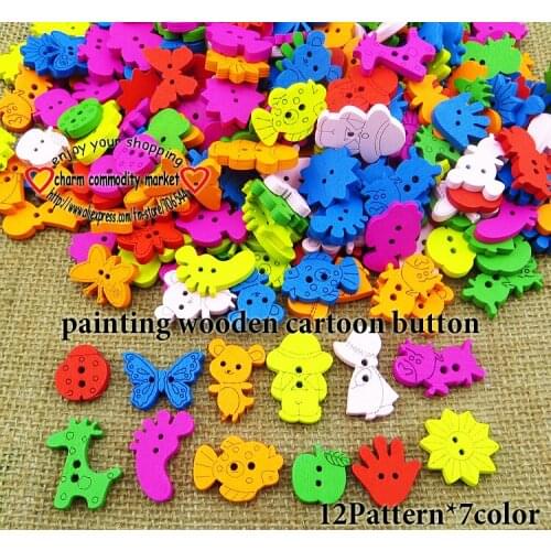 100PCS 12patterns*7Colors painting wood cartoons buttons coat boots sewing clothes accessories WCB-078