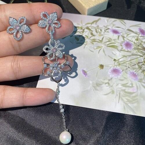 Korean Style Asymmetric Flower Ear Stud S925 Silver Needle Cubic Zirconia Crystal Long Tassel Earrings Jewelry