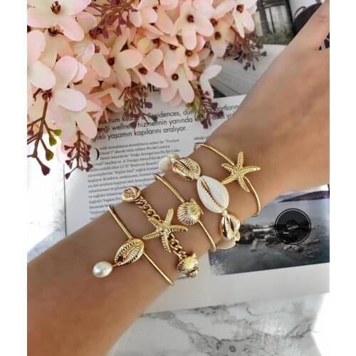 5pcs/lot Bohemian Mixed Golden Shell Starfish Bracelet Women Summer Beach Casual Jewelry Accessories Friendship Gift