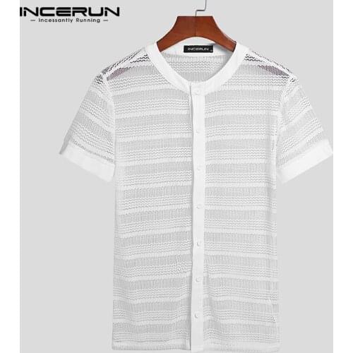 INCERUN 2021 Men Mesh Shirt See Through Short Sleeve Streetwear Button Sexy Men Clothing Party Nightclub Tops Casual Camisas