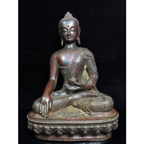 12"Tibet Temple Collection Old Bronze Cinnabar Lacquer Shakyamuni Buddha Sitting Buddha Ornaments Town House Exorcism