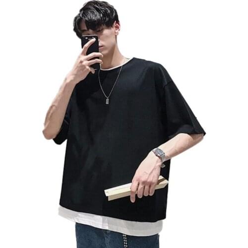 70% Hot Sell Solid Color Men Short Sleeve Round Neck Loose Patchwork Blouse T-shirt Tee Top