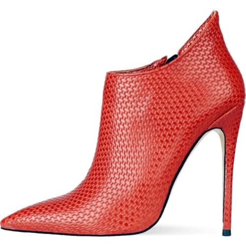 Fashion Womens Ankle Boots Snake Leather Red Blue Short Boots Female Shoes Pointed Thin High Heels Boots Party Shoes For Women