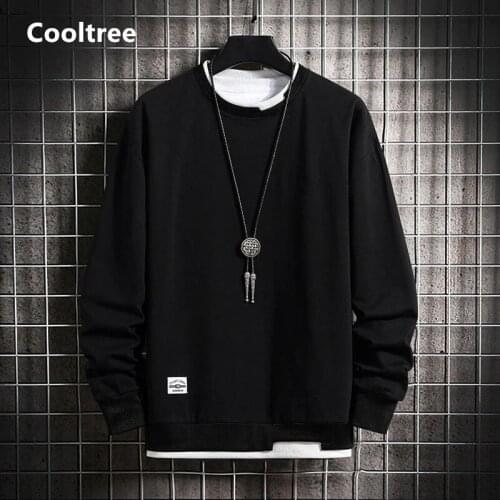 CoolTree Men Casual Sweatshirts Spring Autumn Fake Two Pieces Solid color Round neck Hoodies Male Harajuku Long sleeve Hoodie