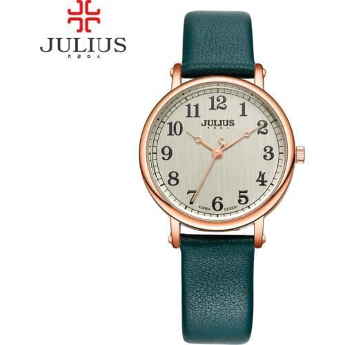 JULIUS Ladies Watches Top Brand Luxury Dark Green Simple Casual Dress Leather Strap Silver Rose Gold Arabic Number Montre JA-949