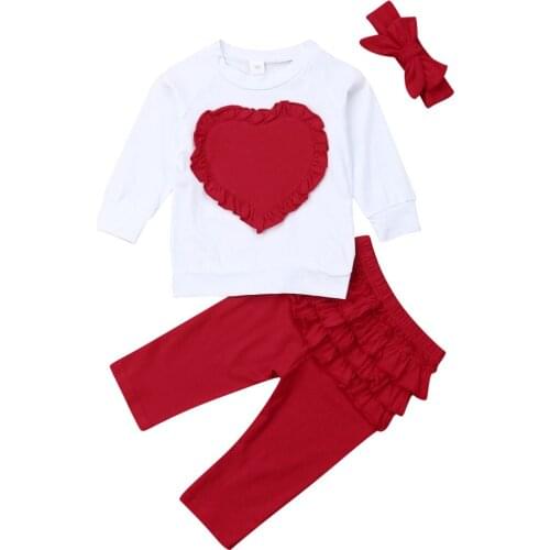 New 3PCS Kids Baby Girl Autumn Heart Pattern Clothes Cotton Tops Sweatshirt Pants Outfits