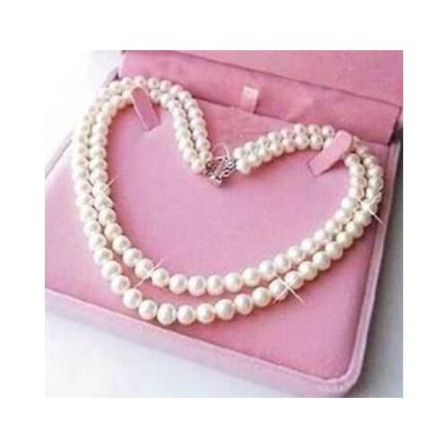 NEW Natural 7-8mm 2Row AAA White Cultured Pearl Necklace 17-18Inch