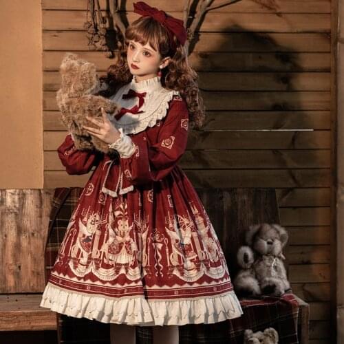 Autumn Original Lolita Dress Kawaii Bear Print Full Sleeve Vintage Ruffles Collar Bowknot Dresses Soft Sister Tea Party Plus Siz