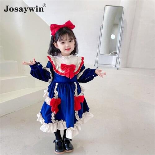 2021 Autumn Winter Children Long Dress Girl Baby Lolita Princess Ball Gown Spanish Vintage Patchwork Cute Kids Dresses Vestidos