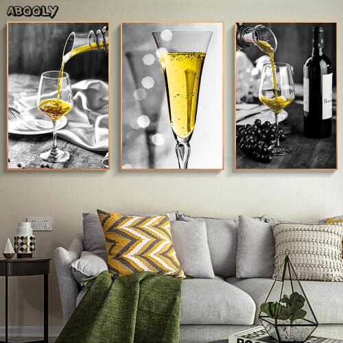 Romantic Yellow Wine Black and White Posters & Prints Canvas Painting Kitchen Modern Home Decor Wall Pictures for Living Room