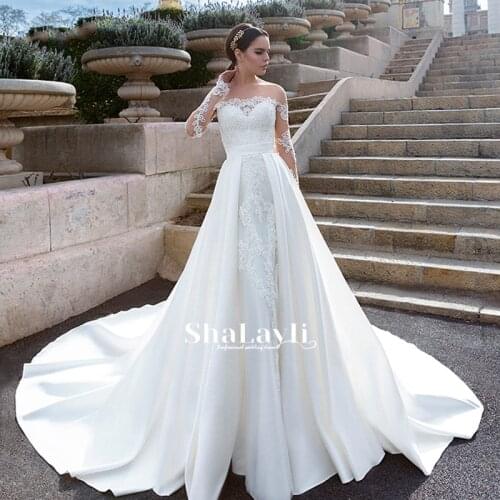 Luxury Mermaid Wedding Dresses Long Sleeve O Neck Detachable Train 2 In 1 Lace Applique Wedding Gowns Back Invisible Design