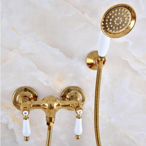 Luxury Polished Gold Color Brass Wall Mounted Bathtub Faucet with Handheld Shower Set +1500MM Hose Mixer Tap 2na986