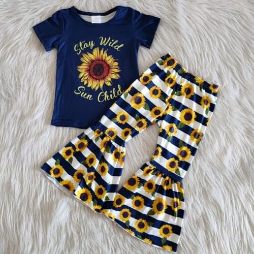 Sunflower digital print navy shirt stripe bell bottom pants toddler kids boutique clothes