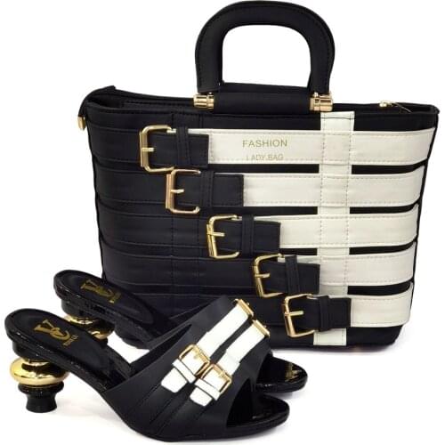 Buckle Strap Sandals Nigerian Women Shoes and Bag Set in Black Color with Shinning Crystal Italian Lady Shoes and Bag for Party