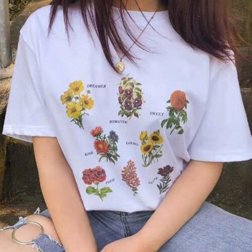 Sunfiz YF Flower Meanings Women Tumblr Vintage Fashion Floral Blooms Tee Cute Aesthetic Grunge Printed Tee Sunflower Rose Tee