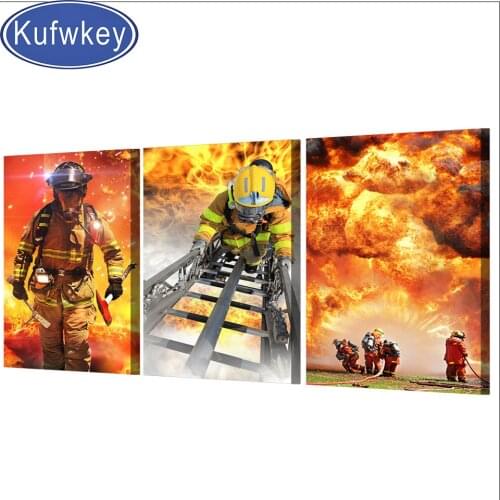 Triptych Fireman Firefighter 5d diy diamond painting Full square diamond embroidery round of drill mosaic Diamond Art 3 pcs set