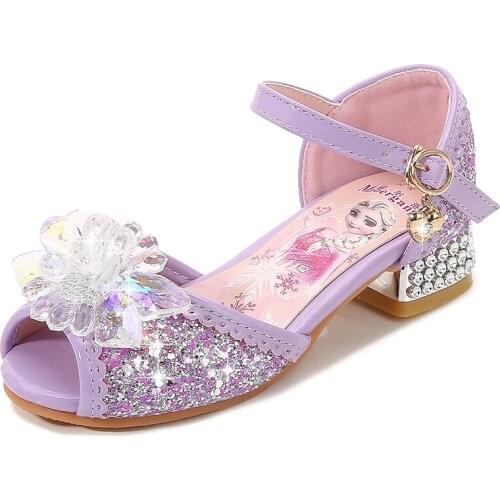 Disney bow childrens princess shoes summer frozen girls high heels baby sandals little girl elsa crystal shoes