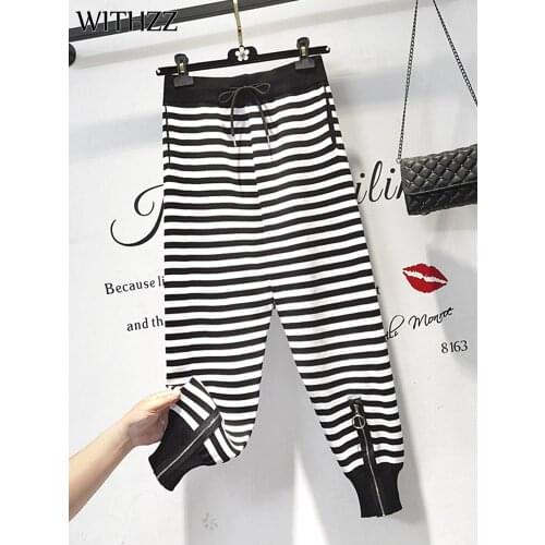 WITHZZ Women Spring Autumn Comfortable Breathable Stripe High Waist Sequined Trousers Loose Sports Casual Harem Pants