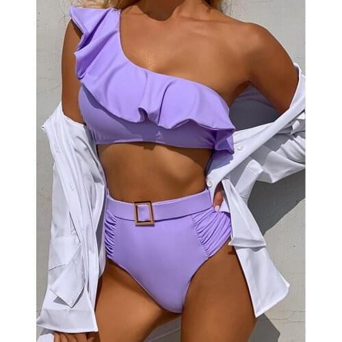 YHLZBNH One Shoulder Ruffled Female Swimsuit High Waist Bikini Women Swimwear Two-pieces Bikini set Belt Bather Bathing Suit