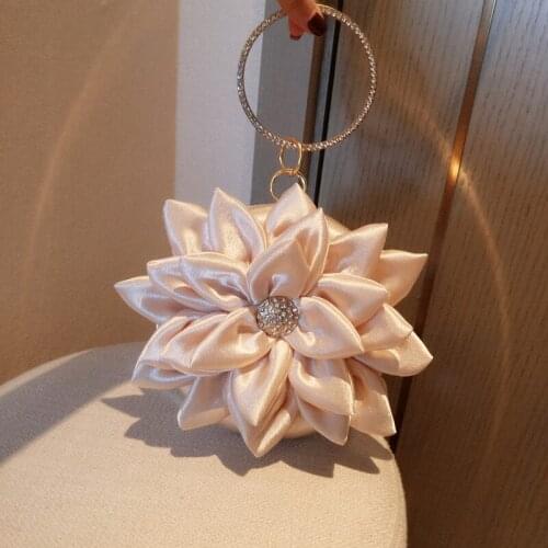 Satin Flower Design Women Party Evening Bags Diamonds Handle Wedding Day Clutch Ball Design Messenger Purse