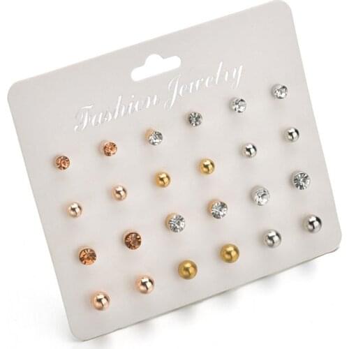 24 pc/set Stud Earrings Set With Card Crystal Balls Imitation Pearl Earrings Women Girl Earrings Jewelry Party