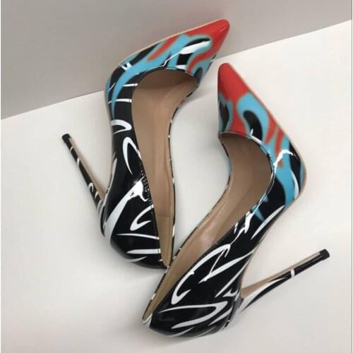 Blue Orange Contrast Color Toe Pumps Women Multi Printing Patent Leather Slip On Celebrity Party Female Zapatos Ladies High Heel