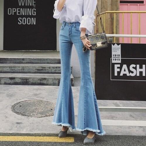 Vintage Women Tassels Flare Pants Floor Length Long Skinny High Waist Ladies Jeans Trousers Denim Bell-bottomed Pants Plus Size