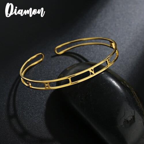 Diamon 2020 New Fashion Personalized Customized Name Bangle For Women Stainless Steel Open Letter Bangle Jewelry Gift For Lover