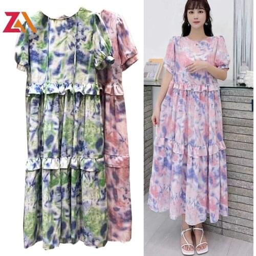 ZALady Korean Tie-dye Print Midi Long Dresses For Women Summer Loose Fashion Ruffles Casual Chic Bow Zevity Basic Dress Vestidos