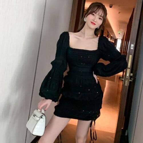 Autumn Women Retro Korean Lantern Sleeve Glitter Mini Party Club Dress Sexy Square Neck Sequin Elegant Coffee Break Short Dress