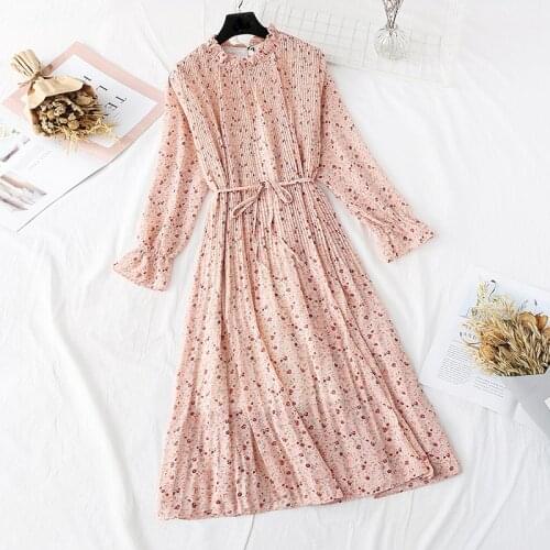 2020 New Korean Style Plus Size Spring Autumn Women Dress Floral Print Dress Elegant Chiffon Ruffles Pleated Dress