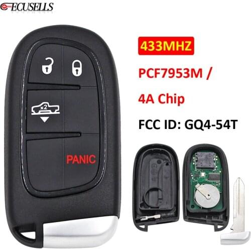 3+1/4 Button Smart Remote Car Key 433Mhz PCF7953M 7953M 4A Chip FCC: GQ4-54T for Jeep Cherokee RAM 1500 2500 3500 Uncut Blade