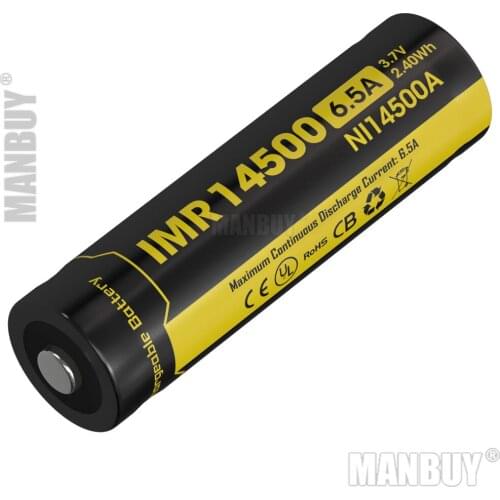 NITECORE IMR14500 650mAh 6.5A 3.7V 2.4Wh High Drain Device Li-Mn Rechargeable Battery 500 Times charge-discharge Cycles NI14500A