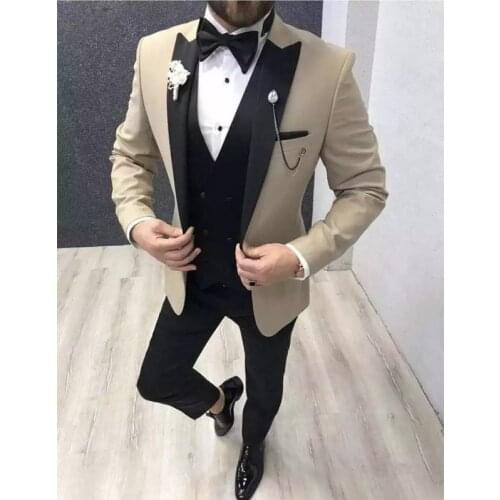 Beige Slim Fit Men Suits For Wedding Black Peaked Lapel Groom Tuxedo Formal Male Fashion Jacket with Black Pants Vest