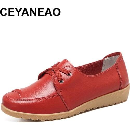 CEYANEAOWomen Casual Shoes Genuine Leather Lace up Moccains Round Toe Rubber Sole Boat Shoes Flats Women Retro Ballet Flat Shoes