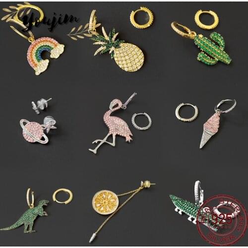 Zircon 925 Silver Crocodile Flamingo Dinosaur Pineapple Cactus Pink Planet Asymmetrical Earrings Monaco Luxury Women Gift
