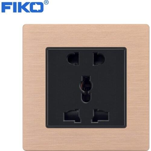 FIKO 86mm*86mm 13A universal 5 pin wall power Household socket Champagne gold Black Aluminium Alloy Panel panel