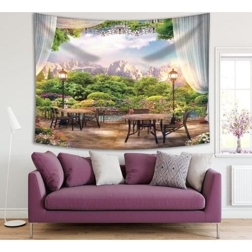 Tapestry River Mountains Trees Forest Colorful Flowers View from Cafe Chairs with Balcony and Tables Green Brown Purple Blue
