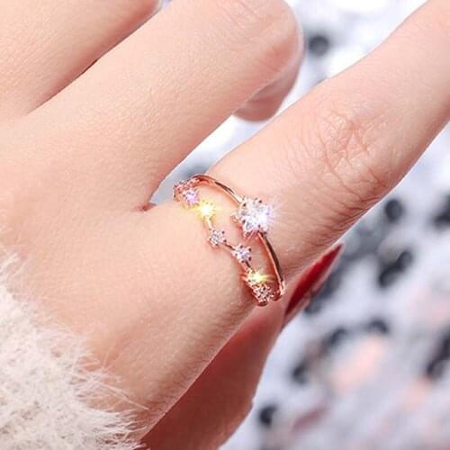 Micro Paved Rhinestone Rings for Women Jewelry Star Crystal Rose Gold Adjustable Female Finger Ring Party Wedding Bague