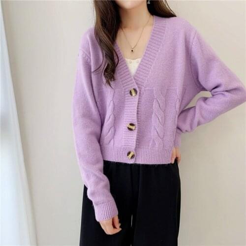 Korean Cute Short Sweater Cardigan Women Single Breasted Knit Jacket Coat Female Knitwear Purple Gray 2020 Autumn Winter