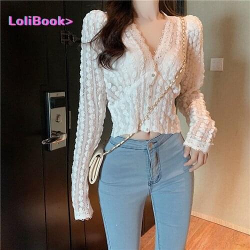 Lolibook 2021 Autumn Korean Style Short White Lace Shirt Women V-neck Long Sleeve Cardigan Vintage Female Blouses Elegant Blusas