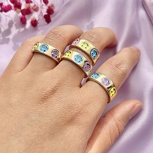 ZHINI 2021 New Vintage Bohemia Colorful Enamel Smiley Rings for Women Simple Cute Adjustable Opening Statement Ring Jewelry 2021