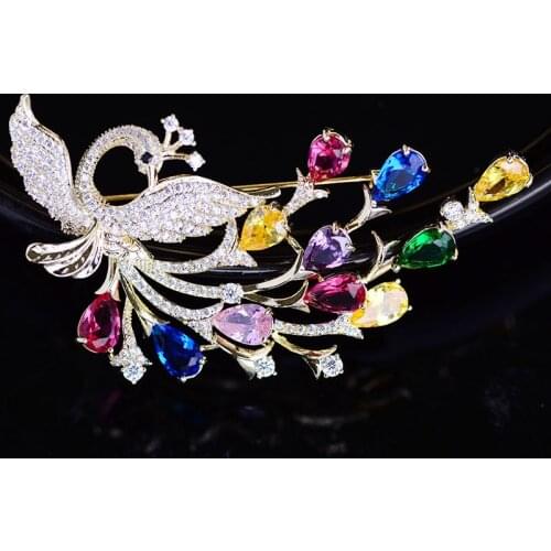 OKILY Gorgeous Bird Brooches for Women Beauty Colorful Zircon Phoenix New Year Party Brooch Pins Gifts Coat Broch Jewelry