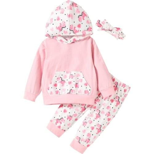 Lioraitiin 0-24M Infant Baby Girl 3Pcs Fall Outfits Cute Dinosaur Print Long Sleeve Hoodie + Pants + Headband Set