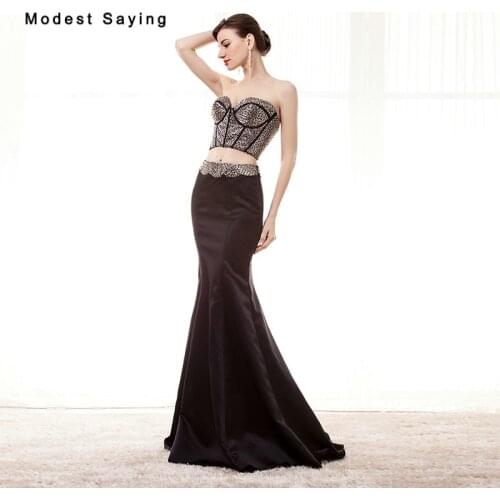Luxury Sexy Black Mermaid Sweetheart Crop Top 2 Pieces Beaded Evening Dresses 2017 Women Party Prom Gown vestido formatura longo