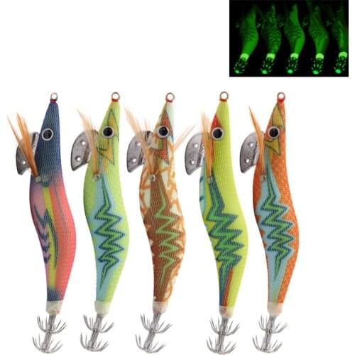 10pcs/lot Luminous Squid hook Jig Fishing bait Wood Shrimp Lures for Squid Octopus Cuttlefish Jigging fishing Lure hooks