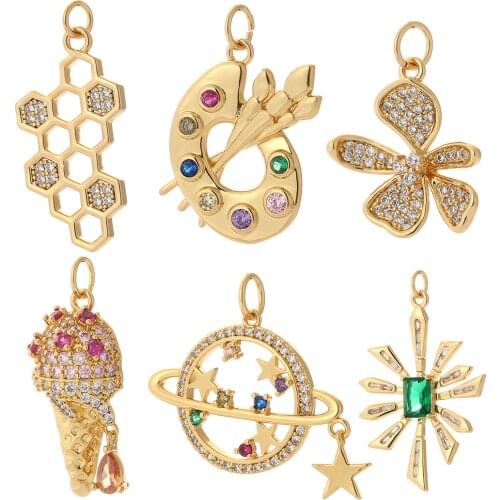 Flower and Star Cute Charms Jewelry Making Gold Pendant Charms Diy Earrings Necklace Bracelet Dangle Charms Copper Cubic Zircon