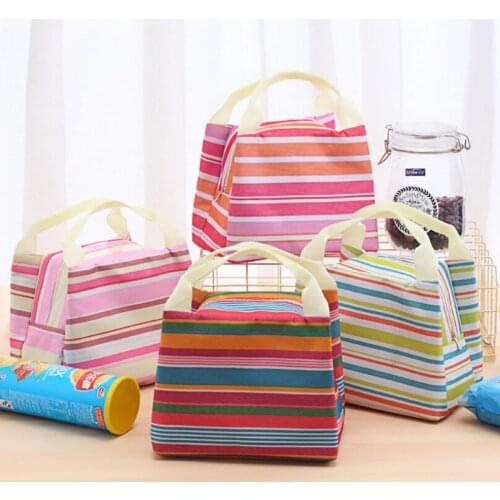 Hot Canvas Stripe Picnic Lunch Drink Thermal Insulated Cooler Tote Bag 450ML Portable Carry Case Lunch Box LX6815