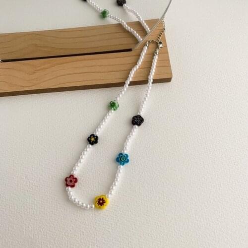 TIMEONLY Japanese Multi Color Flower Imitation Pearl Choker Necklace for Women Girls Charms Necklace Summer Sweet Gifts Jewelry