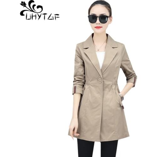 UHYTGF Casual women spring autumn top thin trench coat Slim woman long coats Solid color Wild elegant Female outerwear tide 1488